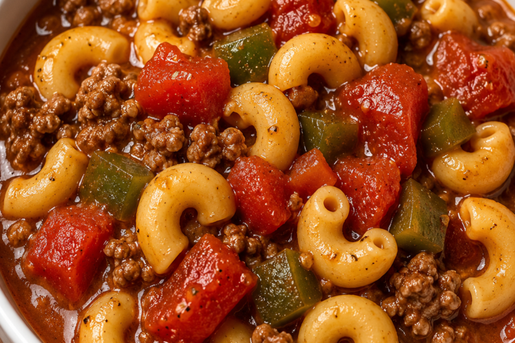 Old-Fashioned Crockpot Goulash made with seasoned ground beef, tender elbow macaroni, bell peppers, sweet peas, and a rich tomato sauce, served in a rustic bowl and garnished with fresh parsley. A hearty American slow cooker comfort food perfect for family dinners and meal prep.