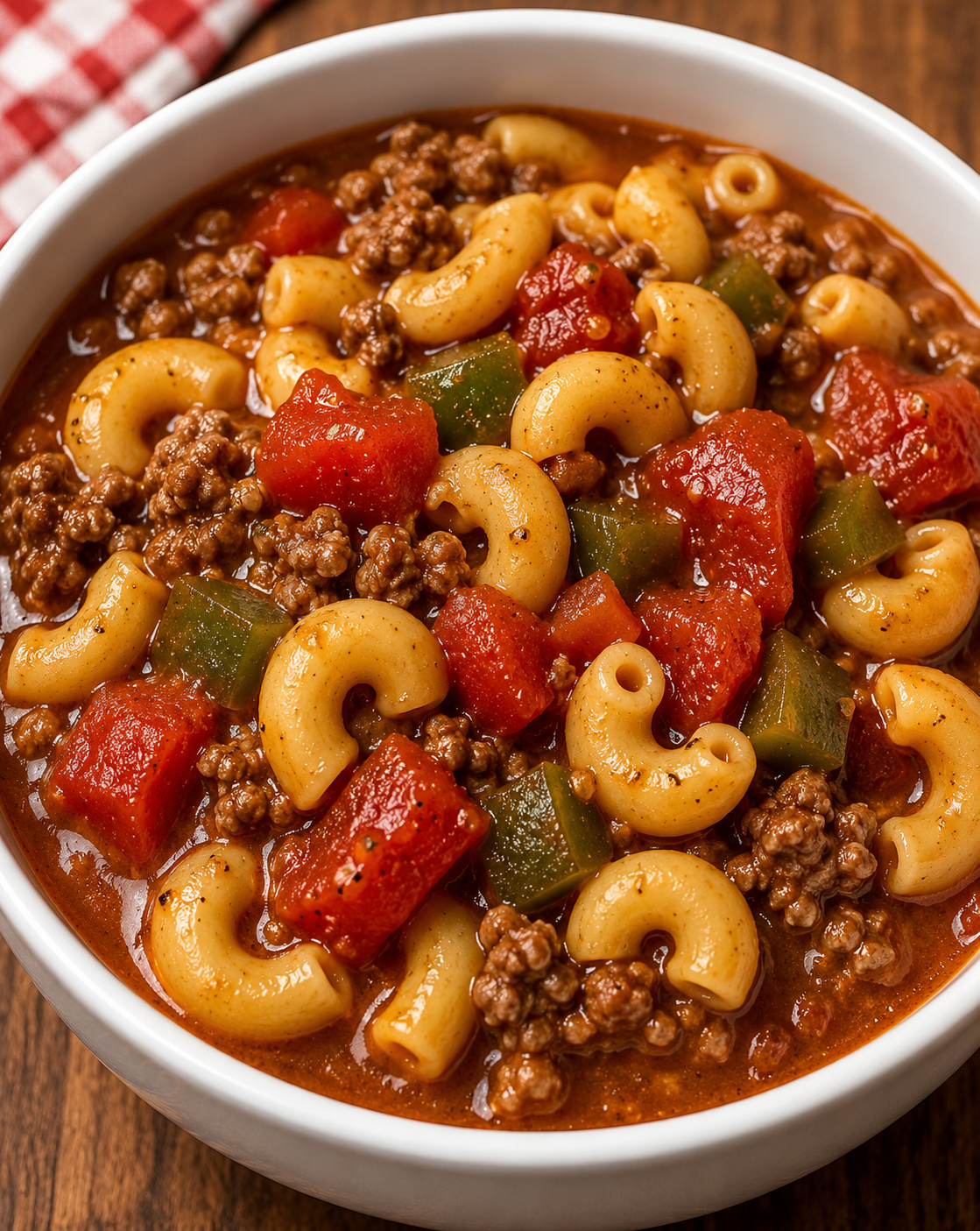 Old-Fashioned Crockpot Goulash made with seasoned ground beef, tender elbow macaroni, bell peppers, sweet peas, and a rich tomato sauce, served in a rustic bowl and garnished with fresh parsley. A hearty American slow cooker comfort food perfect for family dinners and meal prep.