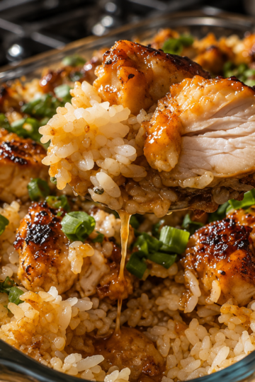 Teriyaki Chicken Casserole baked with tender chicken, fluffy white rice, broccoli, carrots, red bell peppers, and homemade teriyaki sauce, garnished with sesame seeds and green onions for an easy family dinner.