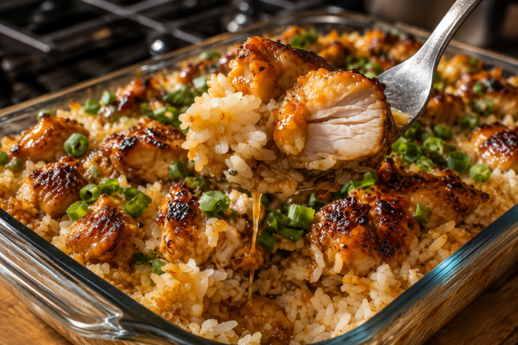 Teriyaki Chicken Casserole baked with tender chicken, fluffy white rice, broccoli, carrots, red bell peppers, and homemade teriyaki sauce, garnished with sesame seeds and green onions for an easy family dinner.