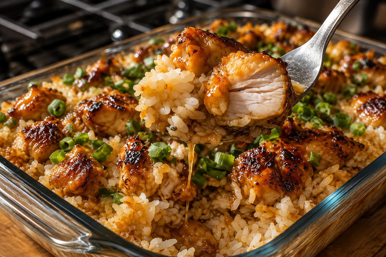 Teriyaki Chicken Casserole baked with tender chicken, fluffy white rice, broccoli, carrots, red bell peppers, and homemade teriyaki sauce, garnished with sesame seeds and green onions for an easy family dinner.