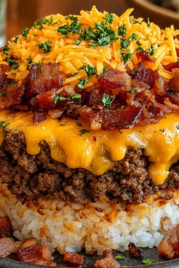 Bacon Cheeseburger Rice Stack made with seasoned ground beef, fluffy rice, melted sharp cheddar cheese, and crispy bacon, served as a layered comfort food dinner with a golden cheesy topping.