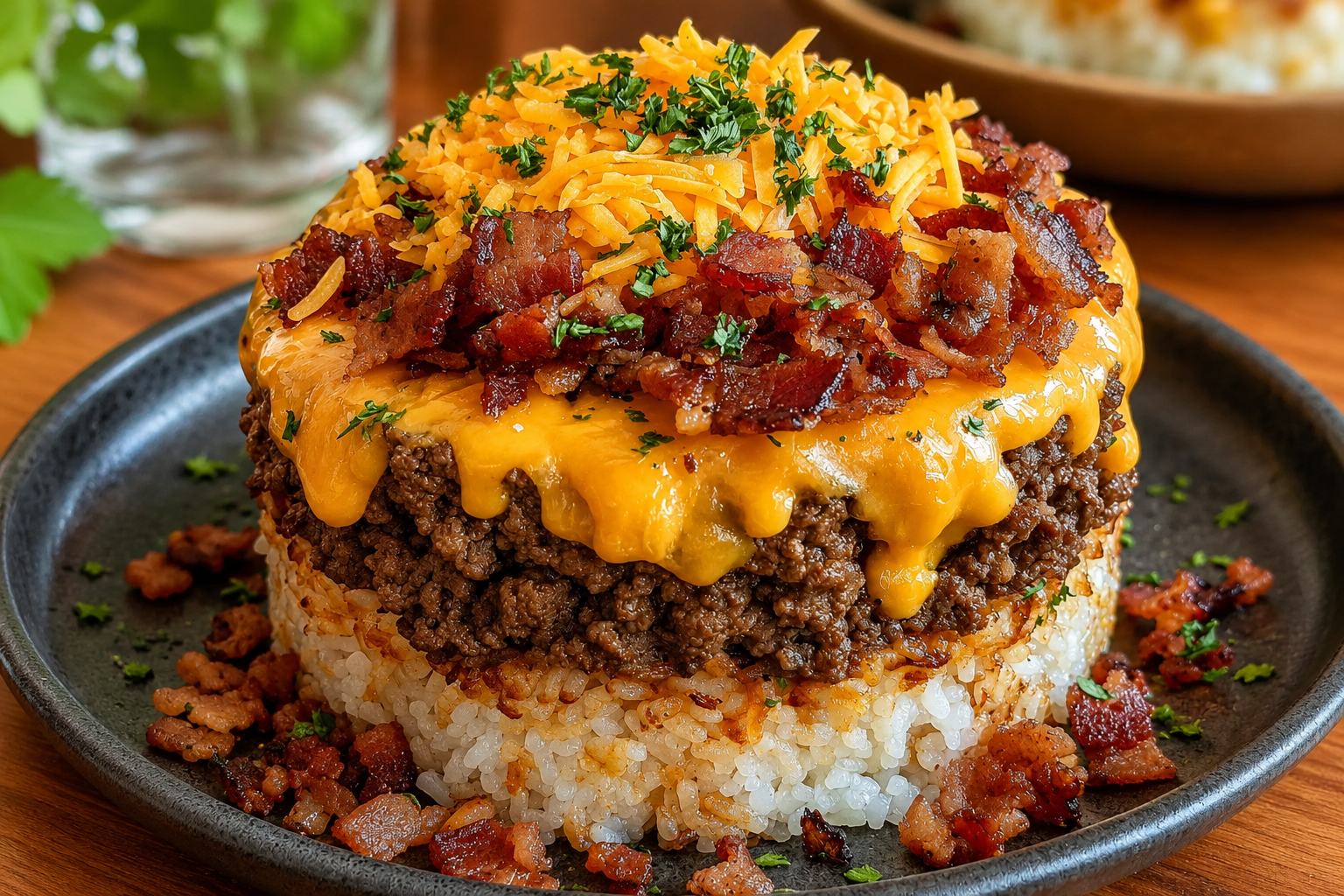 Bacon Cheeseburger Rice Stack made with seasoned ground beef, fluffy rice, melted sharp cheddar cheese, and crispy bacon, served as a layered comfort food dinner with a golden cheesy topping.