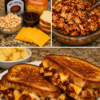 Golden BBQ Chicken Cheddar Melts made with crispy butter-griddled bread, tender shredded barbecue chicken, and gooey melted sharp cheddar cheese, sliced in half to reveal the cheesy filling. Served warm with pickle spears, this comforting sandwich is perfect for a quick family lunch or easy weeknight dinner.
