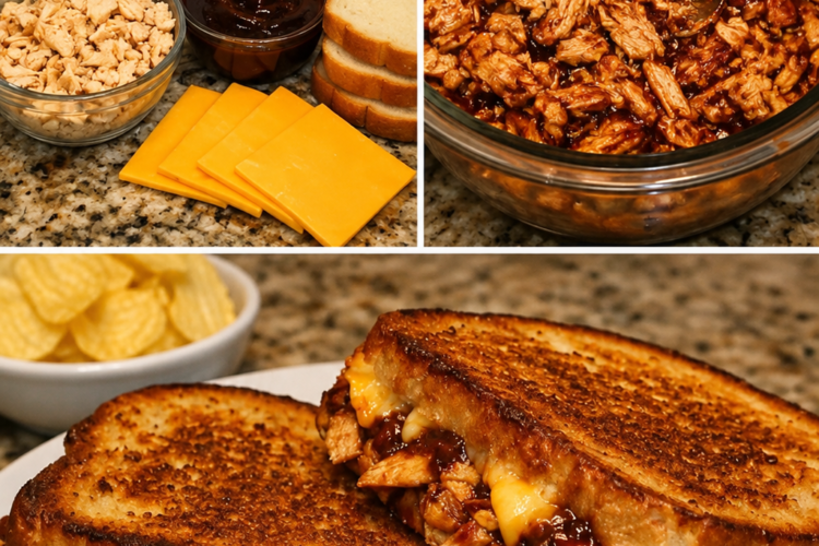 Golden BBQ Chicken Cheddar Melts made with crispy butter-griddled bread, tender shredded barbecue chicken, and gooey melted sharp cheddar cheese, sliced in half to reveal the cheesy filling. Served warm with pickle spears, this comforting sandwich is perfect for a quick family lunch or easy weeknight dinner.