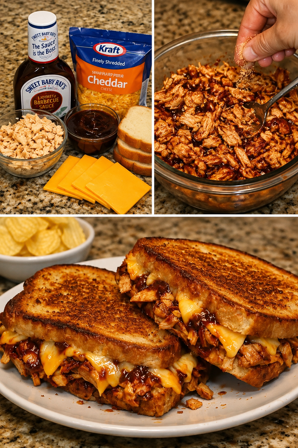 Golden BBQ Chicken Cheddar Melts made with crispy butter-griddled bread, tender shredded barbecue chicken, and gooey melted sharp cheddar cheese, sliced in half to reveal the cheesy filling. Served warm with pickle spears, this comforting sandwich is perfect for a quick family lunch or easy weeknight dinner.