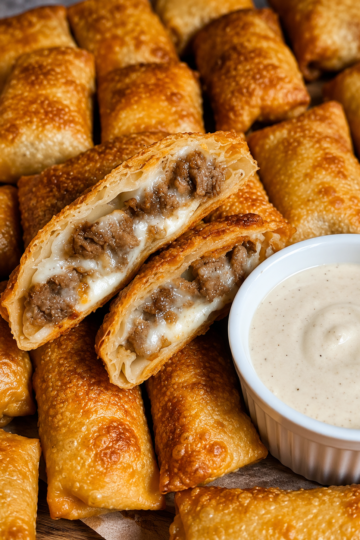 "Crispy cheeseburger egg rolls filled with seasoned ground beef and melted cheese, served with a creamy dipping sauce for an easy homemade appetizer