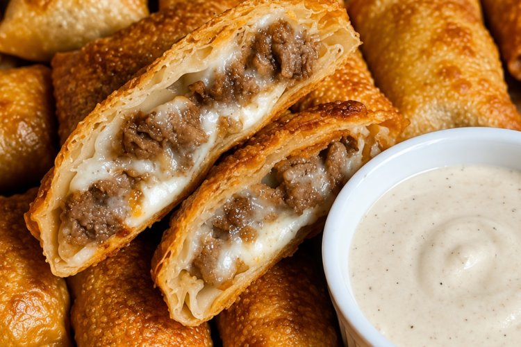 "Crispy cheeseburger egg rolls filled with seasoned ground beef and melted cheese, served with a creamy dipping sauce for an easy homemade appetizer