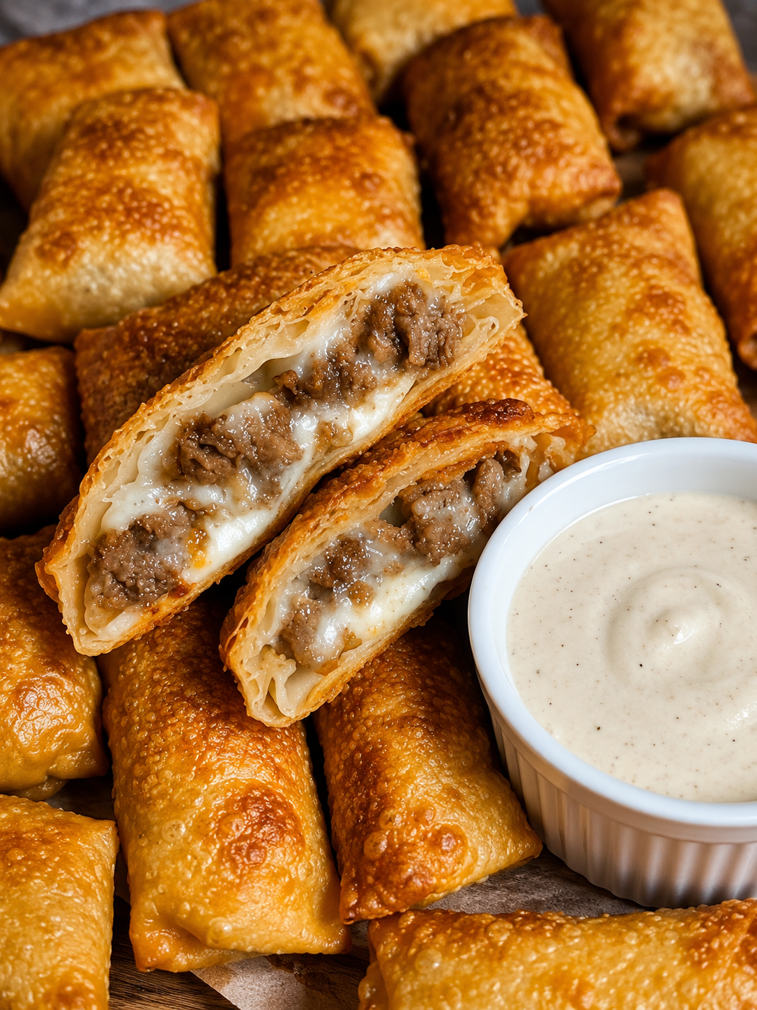 "Crispy cheeseburger egg rolls filled with seasoned ground beef and melted cheese, served with a creamy dipping sauce for an easy homemade appetizer