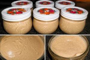 A jar of creamy homemade Honey Cinnamon Butter made with whipped butter, golden honey, and ground cinnamon, served with warm dinner rolls on a rustic wooden table. The butter has a smooth, fluffy texture with delicate cinnamon swirls, making it the perfect spread for breakfast or holiday meals.
