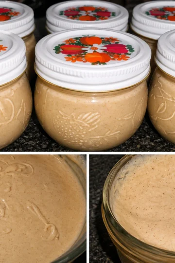 A jar of creamy homemade Honey Cinnamon Butter made with whipped butter, golden honey, and ground cinnamon, served with warm dinner rolls on a rustic wooden table. The butter has a smooth, fluffy texture with delicate cinnamon swirls, making it the perfect spread for breakfast or holiday meals.