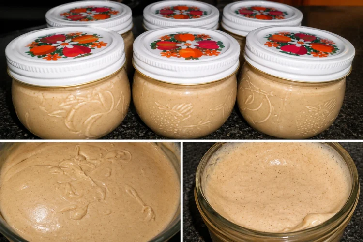 A jar of creamy homemade Honey Cinnamon Butter made with whipped butter, golden honey, and ground cinnamon, served with warm dinner rolls on a rustic wooden table. The butter has a smooth, fluffy texture with delicate cinnamon swirls, making it the perfect spread for breakfast or holiday meals.