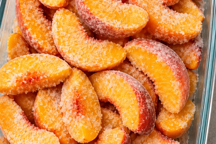 Old-Fashioned Frozen Peach Cobbler baked with juicy frozen peach slices, a buttery golden crust, and caramelized sugary edges in a rustic baking dish. This easy Southern peach cobbler is served warm with vanilla ice cream, making it the perfect homemade comfort dessert for family gatherings, holidays, and potlucks.