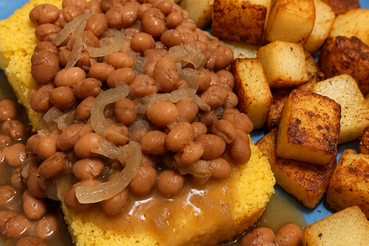 Southern pinto beans served over golden cornbread with caramelized onions and crispy fried potatoes on the side, a classic comfort food plate with rich bean broth.