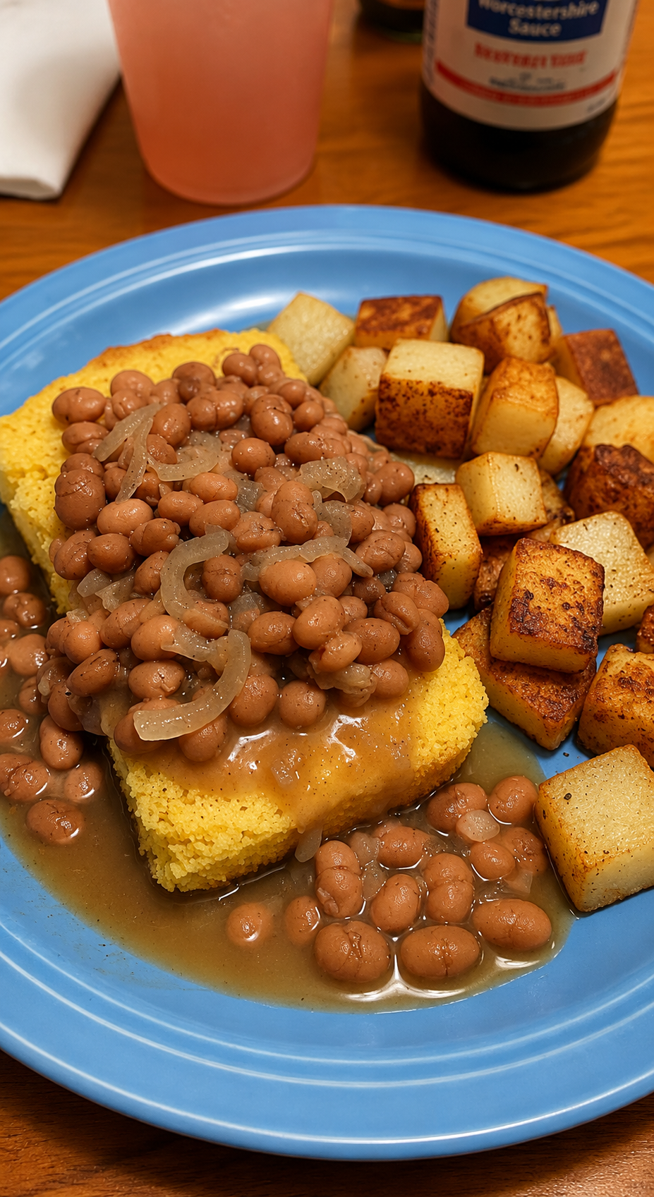 Southern pinto beans served over golden cornbread with caramelized onions and crispy fried potatoes on the side, a classic comfort food plate with rich bean broth.