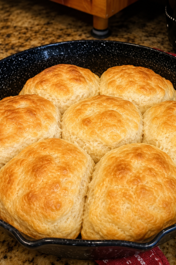 Old-Fashioned Appalachian Cathead Biscuits fresh from the oven with golden buttery tops, flaky layers, and soft, fluffy interiors. These giant Southern buttermilk biscuits are baked in a cast iron skillet and served warm with butter, honey, homemade jam, and sausage gravy for a classic Appalachian comfort food breakfast.