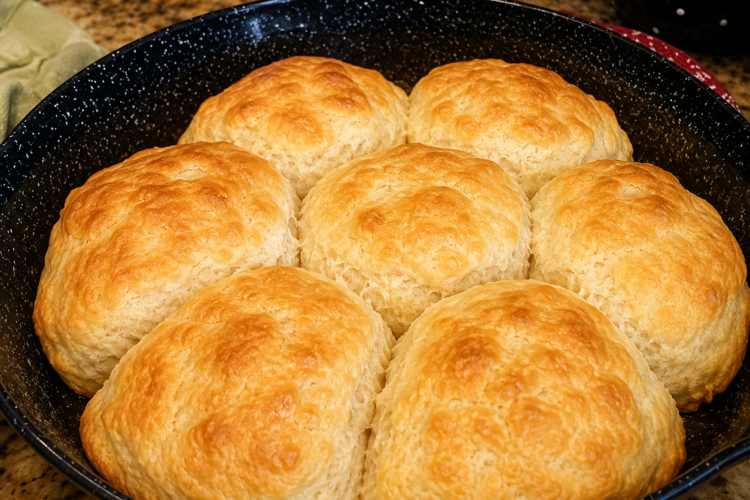 Old-Fashioned Appalachian Cathead Biscuits fresh from the oven with golden buttery tops, flaky layers, and soft, fluffy interiors. These giant Southern buttermilk biscuits are baked in a cast iron skillet and served warm with butter, honey, homemade jam, and sausage gravy for a classic Appalachian comfort food breakfast.