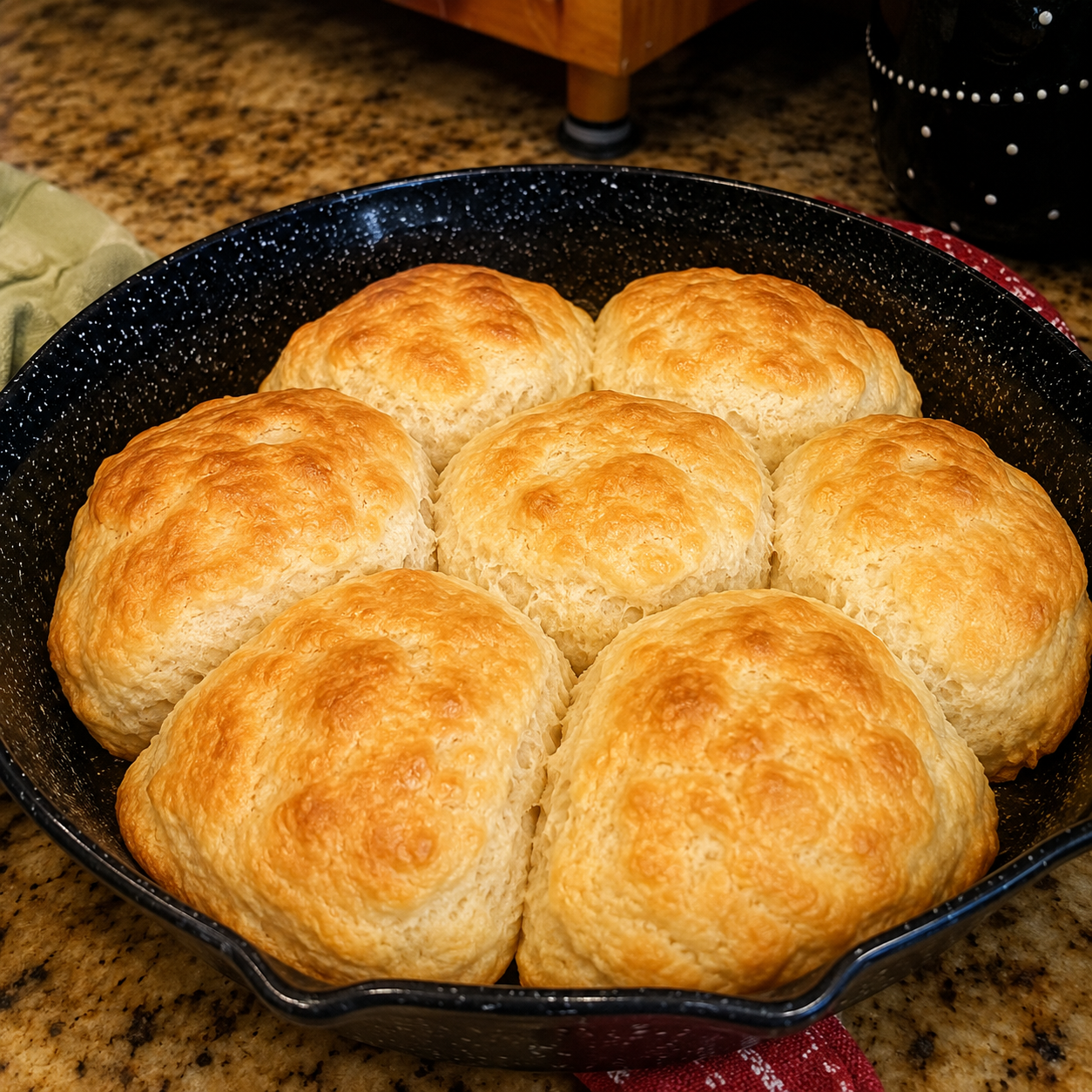 Old-Fashioned Appalachian Cathead Biscuits fresh from the oven with golden buttery tops, flaky layers, and soft, fluffy interiors. These giant Southern buttermilk biscuits are baked in a cast iron skillet and served warm with butter, honey, homemade jam, and sausage gravy for a classic Appalachian comfort food breakfast.