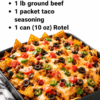 Dorito taco casserole baked in a 9x13 dish with seasoned ground beef, creamy Rotel sauce, crushed nacho cheese chips, melted cheddar, and fresh toppings.