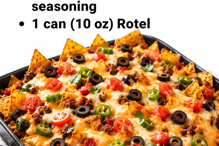 Dorito taco casserole baked in a 9x13 dish with seasoned ground beef, creamy Rotel sauce, crushed nacho cheese chips, melted cheddar, and fresh toppings.
