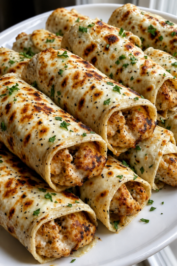 Creamy chicken ranch wraps baked golden in a 9x13 dish with seasoned ground chicken, melted cream cheese, mozzarella, ranch butter topping, and fresh parsley.