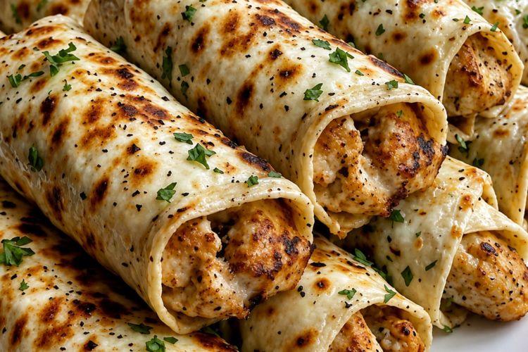 Creamy chicken ranch wraps baked golden in a 9x13 dish with seasoned ground chicken, melted cream cheese, mozzarella, ranch butter topping, and fresh parsley.