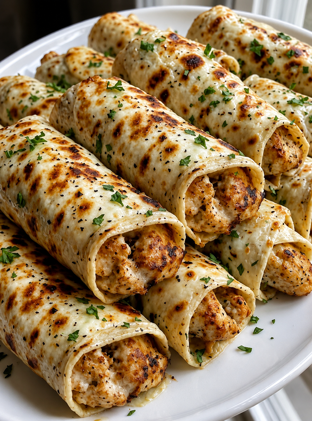 Creamy chicken ranch wraps baked golden in a 9x13 dish with seasoned ground chicken, melted cream cheese, mozzarella, ranch butter topping, and fresh parsley.