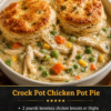 Crock pot chicken pot pie with tender shredded chicken, creamy gravy, mixed vegetables, and golden flaky biscuits on top, served warm as a cozy comfort food dinner.