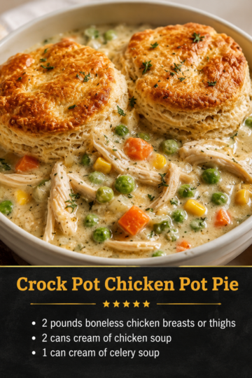 Crock pot chicken pot pie with tender shredded chicken, creamy gravy, mixed vegetables, and golden flaky biscuits on top, served warm as a cozy comfort food dinner.
