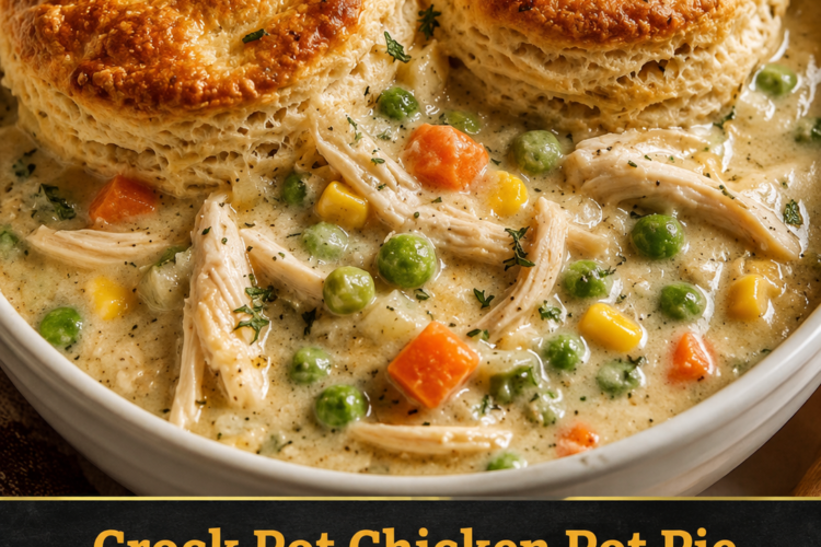 Crock pot chicken pot pie with tender shredded chicken, creamy gravy, mixed vegetables, and golden flaky biscuits on top, served warm as a cozy comfort food dinner.