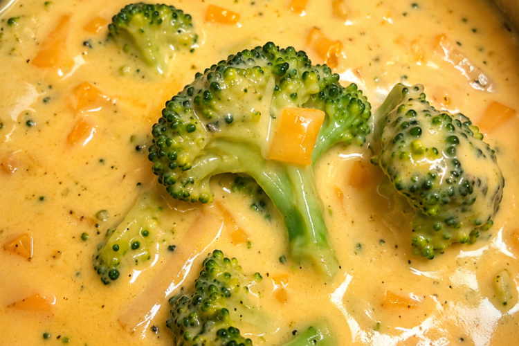 Creamy homemade Broccoli Cheddar Soup served in a rustic bowl, made with tender fresh broccoli, sharp cheddar cheese, garlic, onions, and rich cream. This smooth, velvety soup is topped with shredded cheddar cheese and freshly cracked black pepper, making it the perfect comforting meal for lunch or dinner.