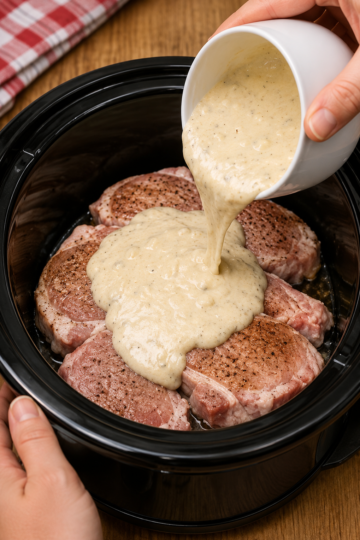 Old-Fashioned Slow Cooker Ranch Pork Chops smothered in creamy ranch gravy and garnished with fresh parsley, served over fluffy mashed potatoes with green beans. Tender bone-in pork chops cooked low and slow for an easy, comforting American family dinner.