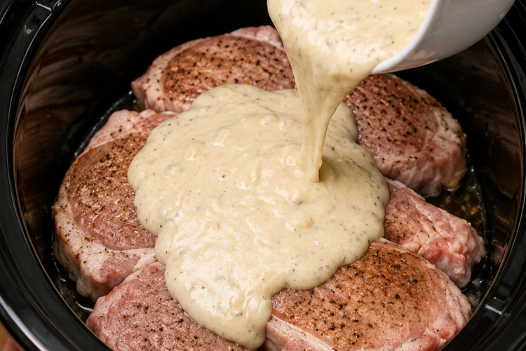 Old-Fashioned Slow Cooker Ranch Pork Chops smothered in creamy ranch gravy and garnished with fresh parsley, served over fluffy mashed potatoes with green beans. Tender bone-in pork chops cooked low and slow for an easy, comforting American family dinner.