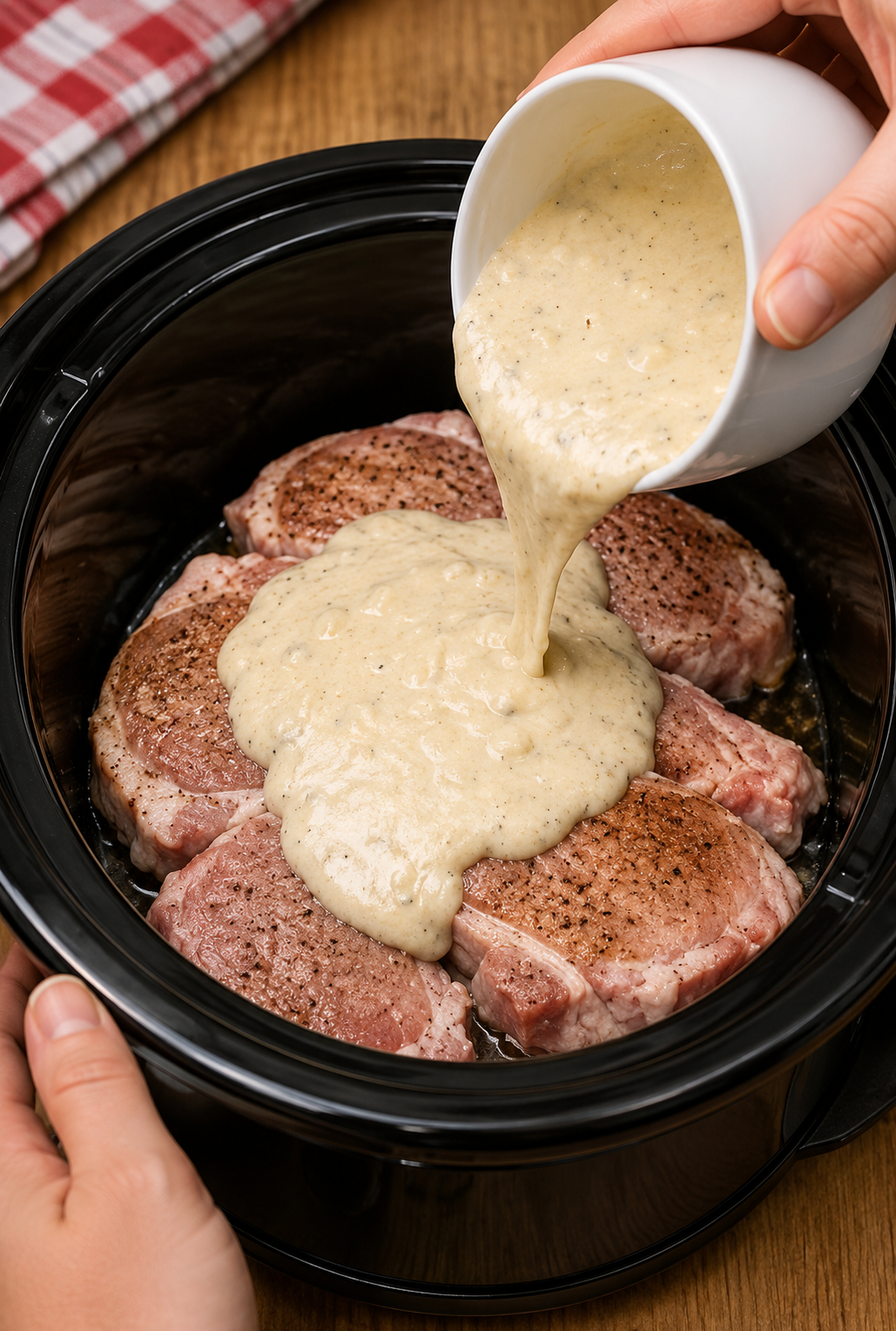 Old-Fashioned Slow Cooker Ranch Pork Chops smothered in creamy ranch gravy and garnished with fresh parsley, served over fluffy mashed potatoes with green beans. Tender bone-in pork chops cooked low and slow for an easy, comforting American family dinner.