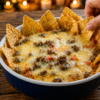 A warm bowl of Hot Sausage Beer Cheese Dip made with Italian sausage, sharp cheddar, mozzarella, Parmesan, and creamy beer cheese, served with soft pretzels, tortilla chips,