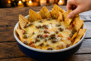 A warm bowl of Hot Sausage Beer Cheese Dip made with Italian sausage, sharp cheddar, mozzarella, Parmesan, and creamy beer cheese, served with soft pretzels, tortilla chips, 