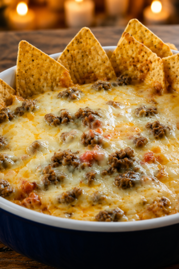 A warm bowl of Hot Sausage Beer Cheese Dip made with Italian sausage, sharp cheddar, mozzarella, Parmesan, and creamy beer cheese, served with soft pretzels, tortilla chips,