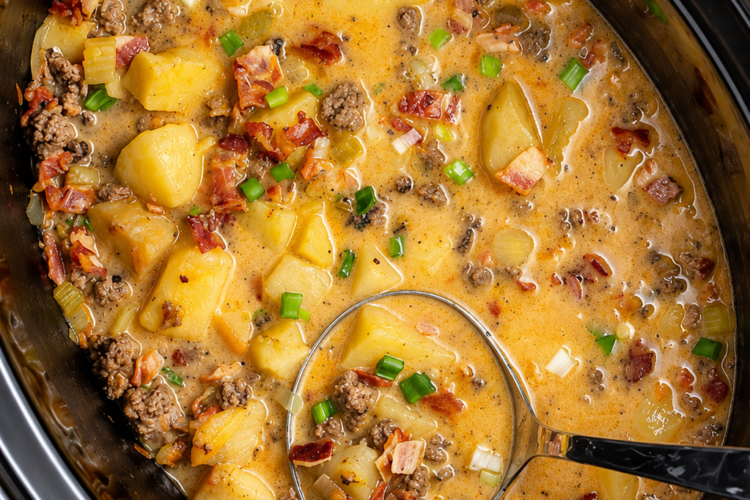 Creamy Slow Cooker Potato Bacon Soup served in a rustic bowl, loaded with tender diced potatoes, crispy bacon, and a rich, velvety broth. Garnished with shredded cheddar cheese, chopped green onions, and fresh parsley, this hearty homemade comfort food is perfect for cozy family dinners on chilly days.