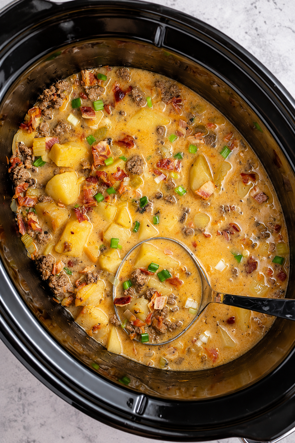 Creamy Slow Cooker Potato Bacon Soup served in a rustic bowl, loaded with tender diced potatoes, crispy bacon, and a rich, velvety broth. Garnished with shredded cheddar cheese, chopped green onions, and fresh parsley, this hearty homemade comfort food is perfect for cozy family dinners on chilly days.