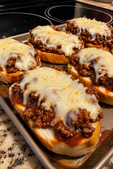 Cheesy sloppy joe garlic bread made with toasted French bread, seasoned ground beef in rich tomato sauce, and melted mozzarella cheese baked until bubbly on a sheet pan