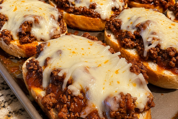 Cheesy sloppy joe garlic bread made with toasted French bread, seasoned ground beef in rich tomato sauce, and melted mozzarella cheese baked until bubbly on a sheet pan