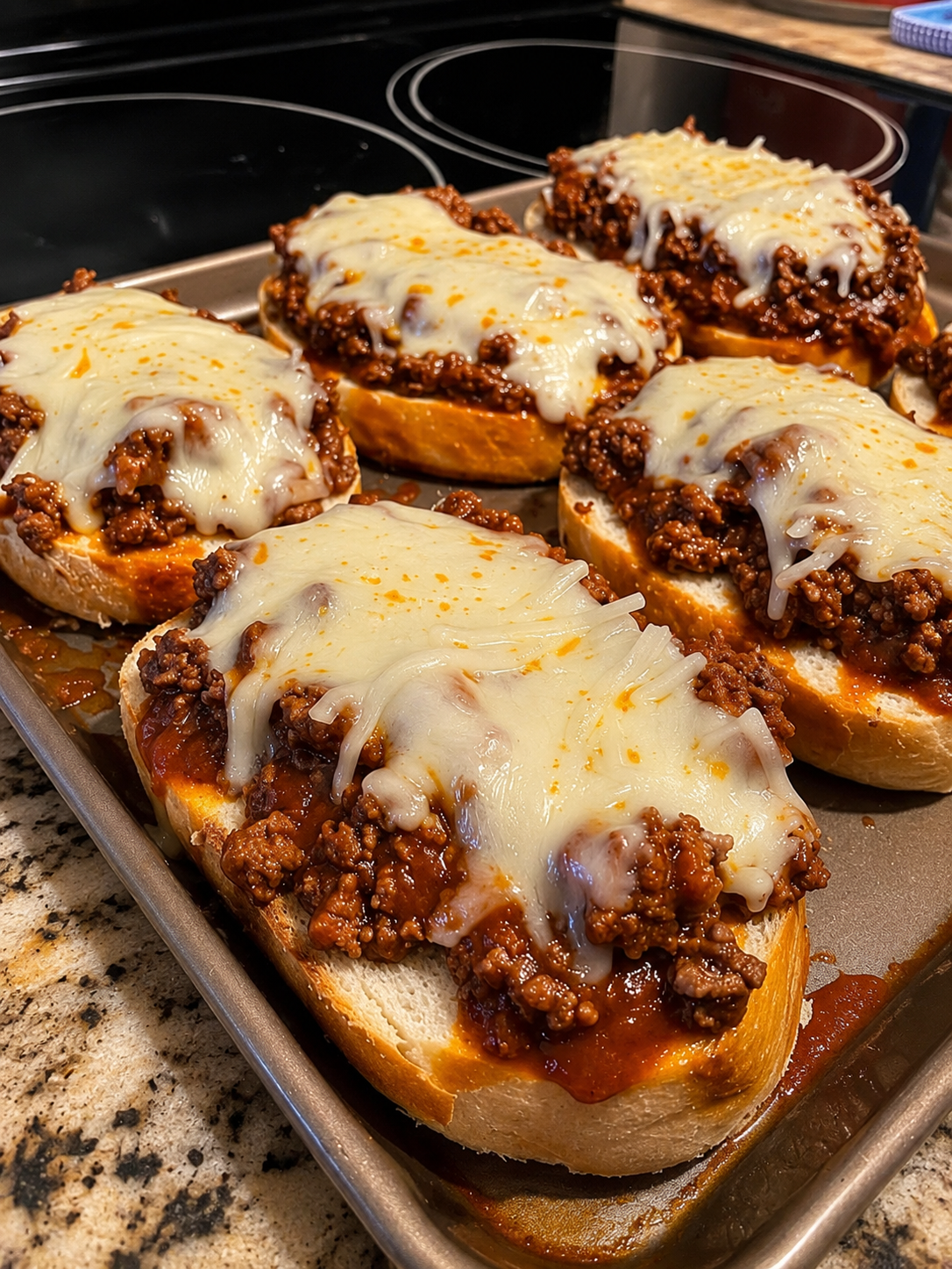 Cheesy sloppy joe garlic bread made with toasted French bread, seasoned ground beef in rich tomato sauce, and melted mozzarella cheese baked until bubbly on a sheet pan
