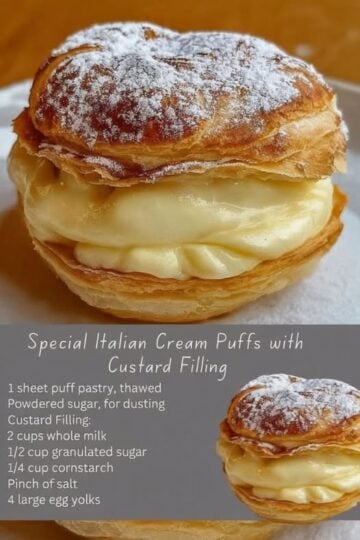 Italian cream puffs made with flaky puff pastry, filled with rich vanilla custard cream, dusted with powdered sugar, and served as a classic homemade Italian dessert