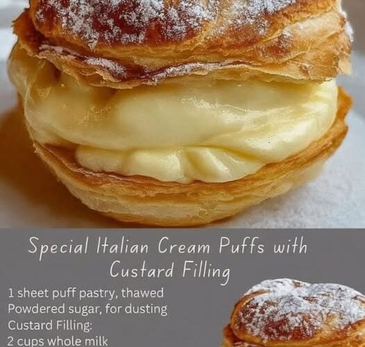 Italian cream puffs made with flaky puff pastry, filled with rich vanilla custard cream, dusted with powdered sugar, and served as a classic homemade Italian dessert