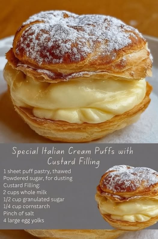Italian cream puffs made with flaky puff pastry, filled with rich vanilla custard cream, dusted with powdered sugar, and served as a classic homemade Italian dessert