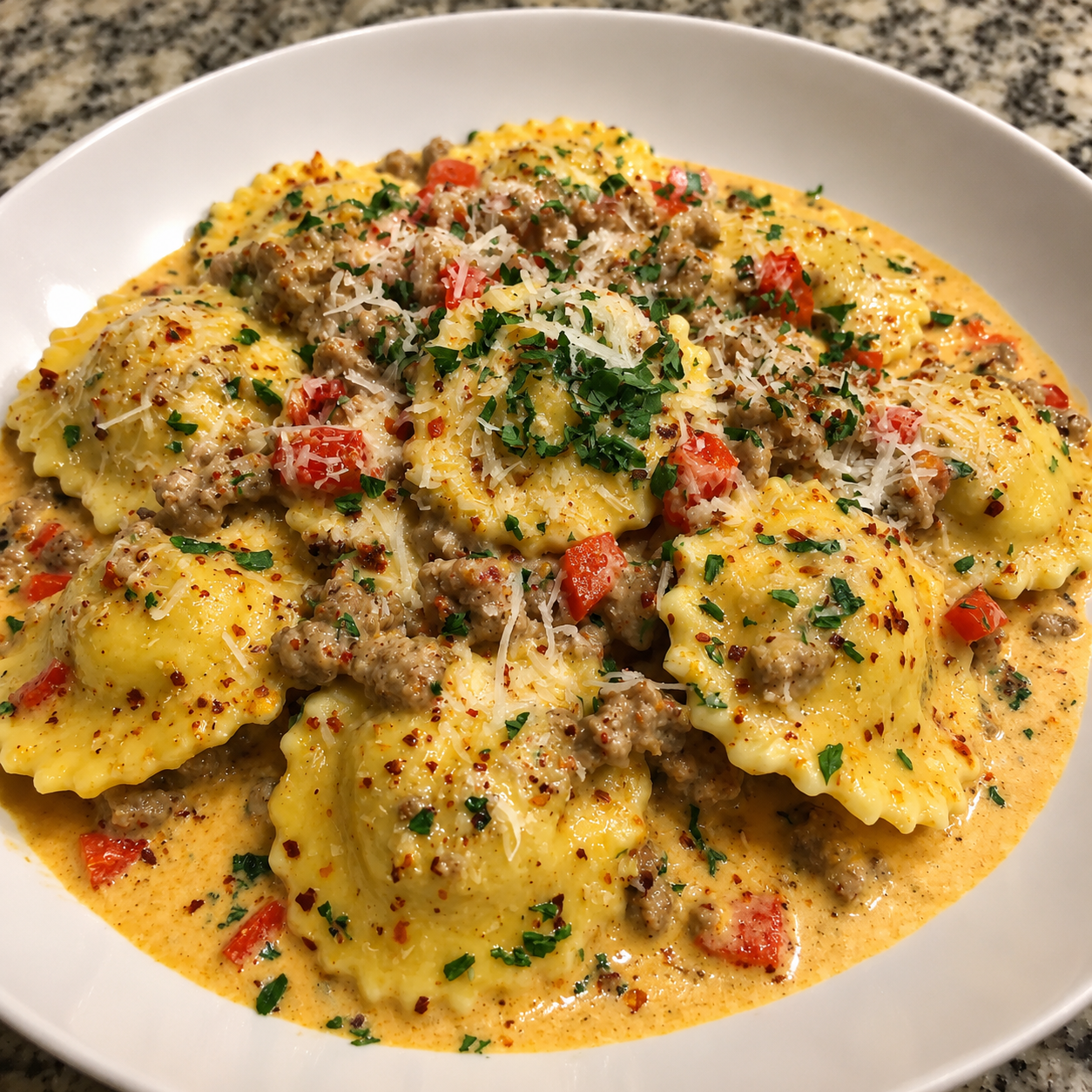 Creamy Cajun Sausage Ravioli made with tender cheese-filled ravioli, spicy Italian sausage, red and green bell peppers, onions, and garlic in a rich Parmesan Cajun cream sauce, garnished with freshly grated Parmesan and parsley. A hearty, restaurant-style pasta dinner that's perfect for weeknights or cozy family meals.