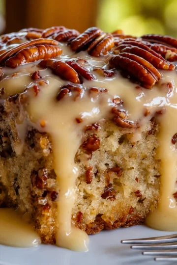 A moist Butter Pecan Praline Poke Cake topped with glossy homemade praline glaze and toasted pecan halves, served on a white dessert plate with extra caramel sauce drizzled over each slice. The buttery cake is soft, rich, and soaked with a sweet brown sugar praline filling, making it the perfect Southern-inspired holiday dessert.