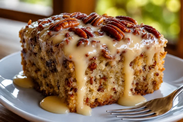 A moist Butter Pecan Praline Poke Cake topped with glossy homemade praline glaze and toasted pecan halves, served on a white dessert plate with extra caramel sauce drizzled over each slice. The buttery cake is soft, rich, and soaked with a sweet brown sugar praline filling, making it the perfect Southern-inspired holiday dessert.