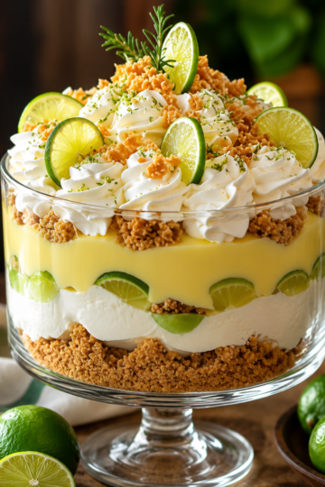 A beautiful Key Lime Pie Trifle layered in a clear glass trifle bowl with buttery graham cracker crumbs, creamy key lime cheesecake filling, fluffy homemade whipped cream, and thin lime slices. The no-bake dessert is topped with whipped cream, fresh lime zest, graham cracker crumbs, and lime wedges, making it a refreshing and elegant dessert for summer parties, holidays, and family gatherings.