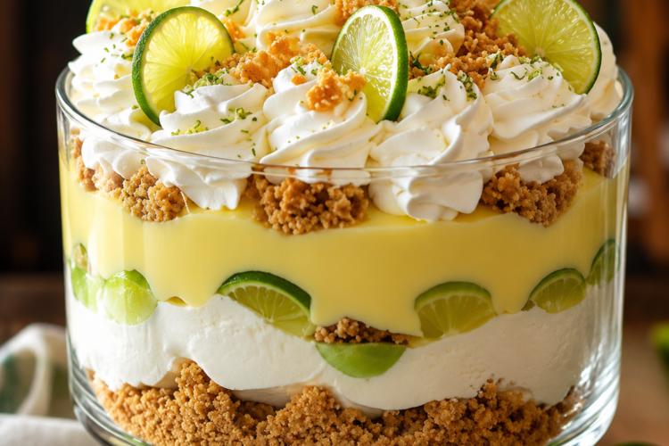 A beautiful Key Lime Pie Trifle layered in a clear glass trifle bowl with buttery graham cracker crumbs, creamy key lime cheesecake filling, fluffy homemade whipped cream, and thin lime slices. The no-bake dessert is topped with whipped cream, fresh lime zest, graham cracker crumbs, and lime wedges, making it a refreshing and elegant dessert for summer parties, holidays, and family gatherings.